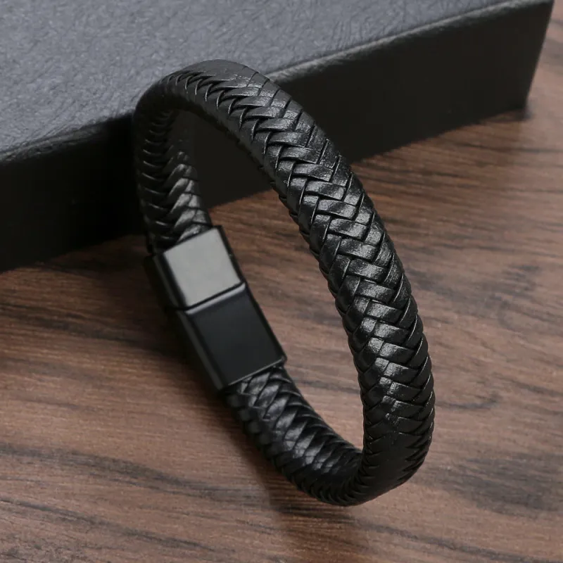 Men's Vintage Leather Braided Rope Bracelet with Stainless Steel Buckle