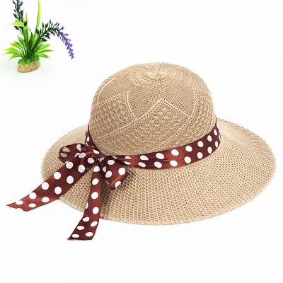 Women'S Fashion Casual Polka Dot Ribbon Bow Sunscreen Bucket Hat