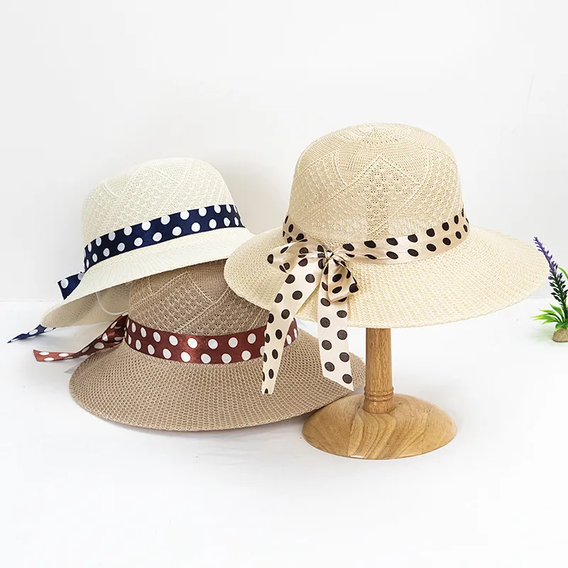 Women'S Fashion Casual Polka Dot Ribbon Bow Sunscreen Bucket Hat
