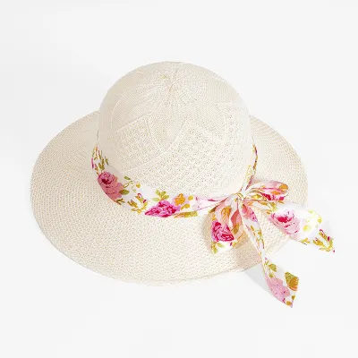 Summer Women's Fashion Casual Bow Ribbon Floral Print Sunscreen Straw Bucket Hat