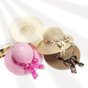Summer Women's Fashion Casual Bow Ribbon Floral Print Sunscreen Straw Bucket Hat