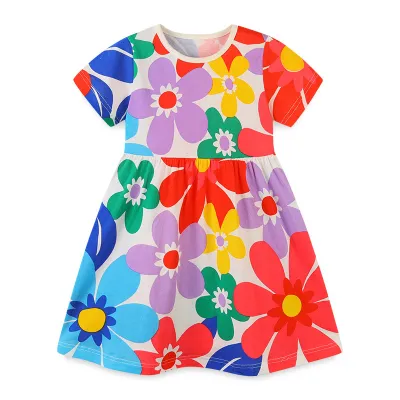 Children Kids Baby Fashion Girls Multicolor Flower Print Short Sleeve Princess Dress Cotton 90%