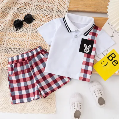 Kids Baby Boys Short Sleeve Plaid Print T-Shirt And Shorts 2pcs Set Cotton Double Breasted