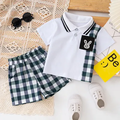 Kids Baby Boys Short Sleeve Plaid Print T-Shirt And Shorts 2pcs Set Cotton Double Breasted