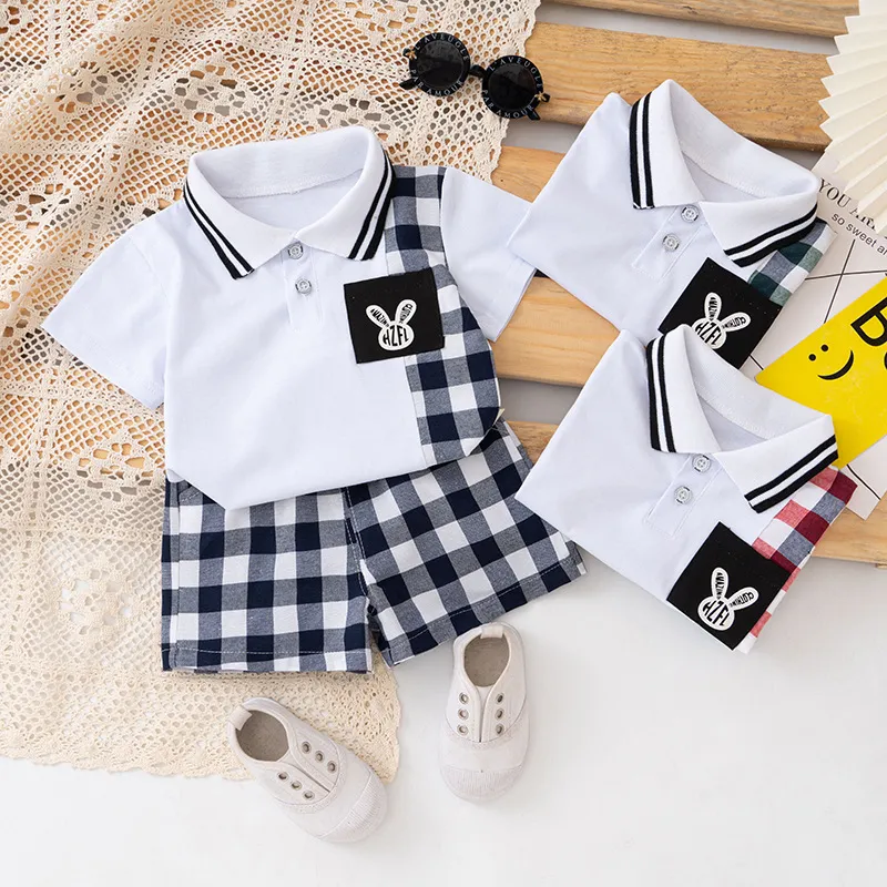 Kids Baby Boys Short Sleeve Plaid Print T-Shirt And Shorts 2pcs Set Cotton Double Breasted