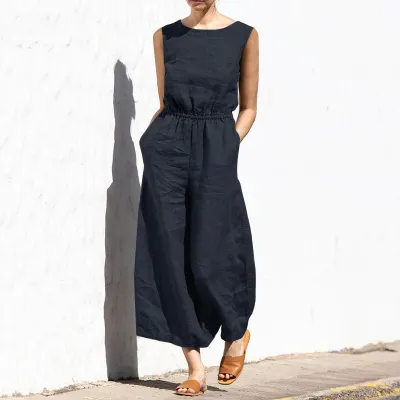 Summer Solid Color High Waist Sleeveless Women Casual Loose Jumpsuits