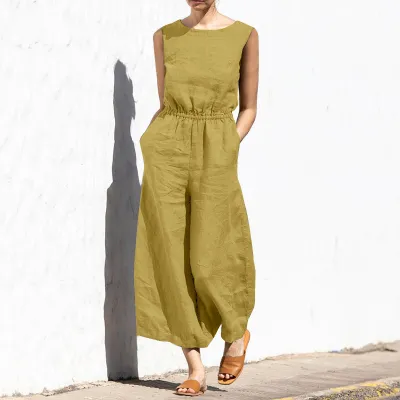 Summer Solid Color High Waist Sleeveless Women Casual Loose Jumpsuits