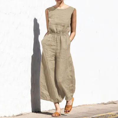 Summer Solid Color High Waist Sleeveless Women Casual Loose Jumpsuits