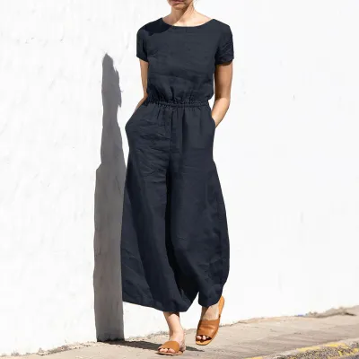 Summer Solid Color High Waist Sleeveless Women Casual Loose Jumpsuits