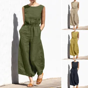 Summer Solid Color High Waist Sleeveless Women Casual Loose Jumpsuits
