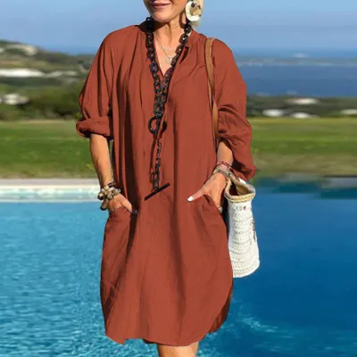 Women Linen Casual Long-Sleeved V-Neck Loose Midi Dress Solid Color