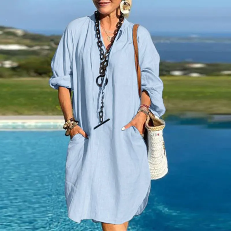 Women Linen Casual Long-Sleeved V-Neck Loose Midi Dress Solid Color