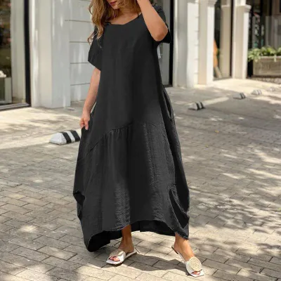 Casual Women Summer Loose Plus Size Cotton And Linen Maxi Dress