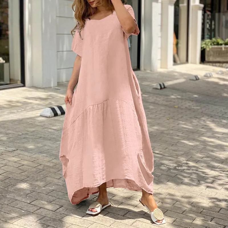 Casual Women Summer Loose Plus Size Cotton And Linen Maxi Dress