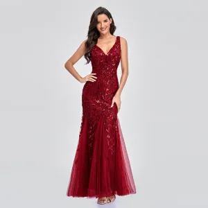 Sexy Sleeveless V-Neck Embroidered Sequins Slim Fishtail Evening Dress