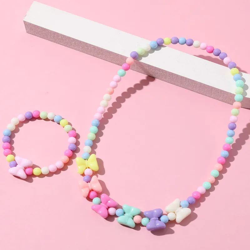 Children Kids Baby Fashion Girls Cartoon Bowknot Acrylic Beaded Bracelet Necklace Set