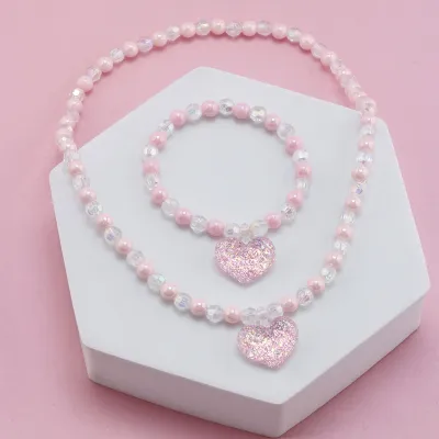 Children Kids Baby Fashion Girls Cartoon Heart Acrylic Beaded Bracelet Necklace Set
