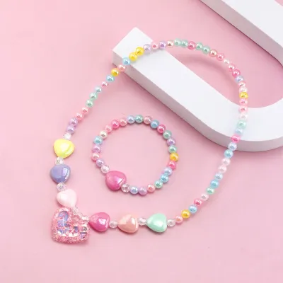Children Kids Baby Fashion Girls Cartoon Heart Acrylic Beaded Bracelet Necklace Set Jewelry