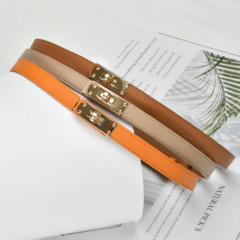 Women's Casual Retro Lock Buckle Adjustable Thin Genuine Leather Belt