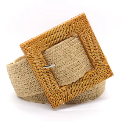 Women's Fashion Casual Square Plastic Buckle Imitation Straw Elastic Belt