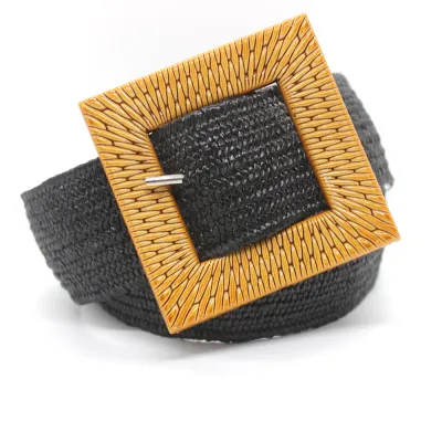 Women's Fashion Casual Square Plastic Buckle Imitation Straw Elastic Belt