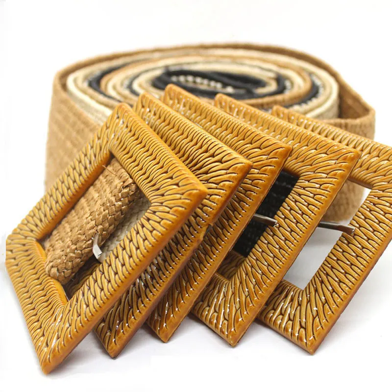 Women's Fashion Casual Square Plastic Buckle Imitation Straw Elastic Belt
