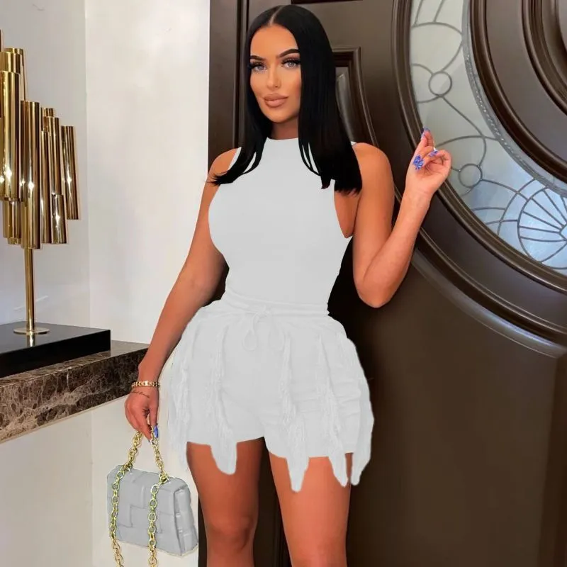Women Casual Sleeveless Tank Top Drawstring Tassel Shorts Solid Color Two-Piece Set