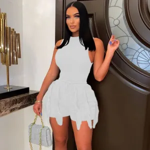 Women Casual Sleeveless Tank Top Drawstring Tassel Shorts Solid Color Two-Piece Set