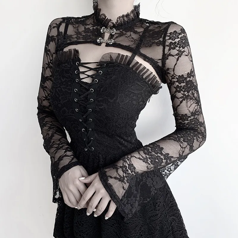 Vintage Gothic Hollow Lace Flare Sleeve Women Crop Top