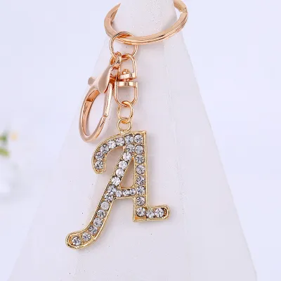 Women Men Fashion Artistic 26 Alphabet Letters Full Rhinestones Key Chain Modern Art