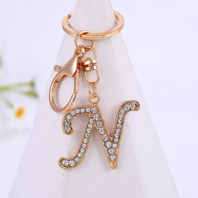 Women Men Fashion Artistic 26 Alphabet Letters Full Rhinestones Key Chain Modern Art