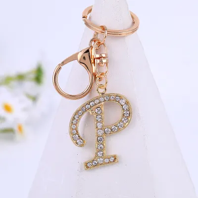 Women Men Fashion Artistic 26 Alphabet Letters Full Rhinestones Key Chain Modern Art