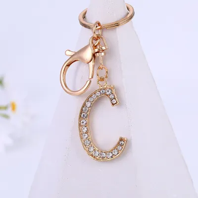 Women Men Fashion Artistic 26 Alphabet Letters Full Rhinestones Key Chain Modern Art