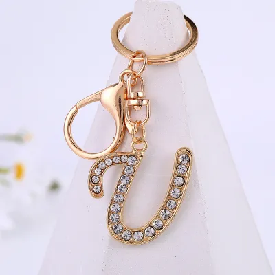 Women Men Fashion Artistic 26 Alphabet Letters Full Rhinestones Key Chain Modern Art