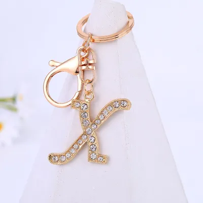 Women Men Fashion Artistic 26 Alphabet Letters Full Rhinestones Key Chain Modern Art