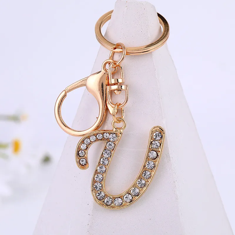 Women Men Fashion Artistic 26 Alphabet Letters Full Rhinestones Key Chain Modern Art