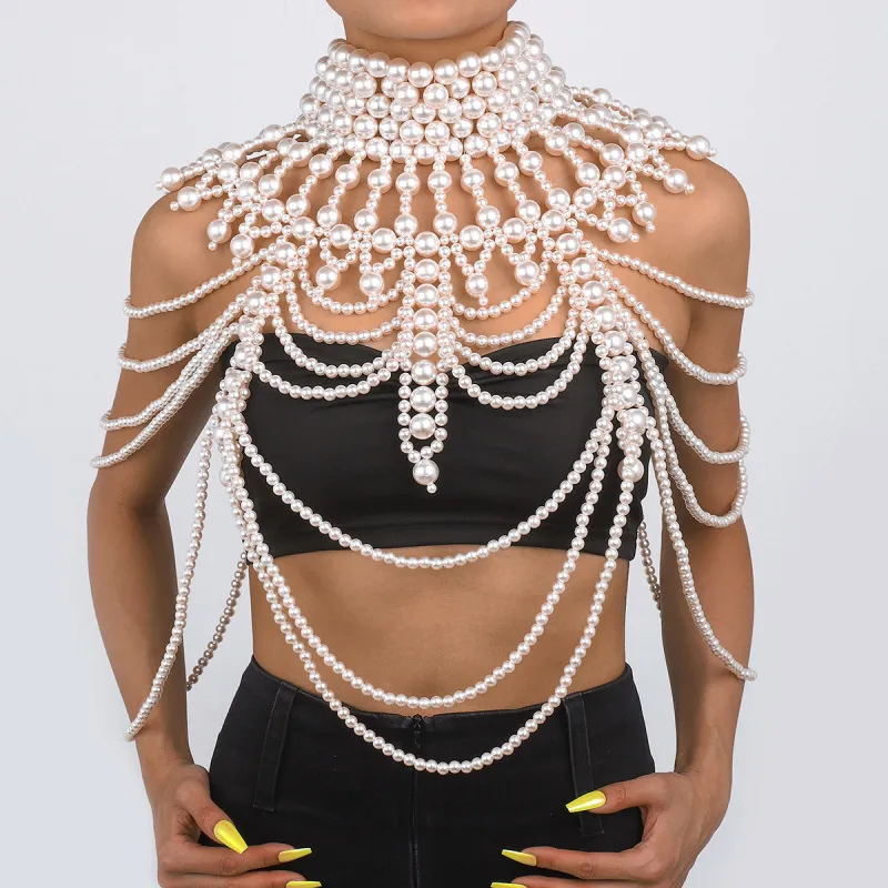 Women Retro Exaggerated Imitation Pearl Shawl Layered Hollow Weaving Sexy Body Chain