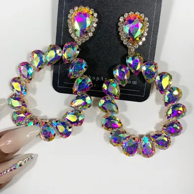 Women Fashion Multicolor Rhinestones Hollow Drop Earrings