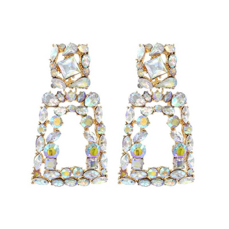 Women Fahsion Elegant Hollow Rectangle Rhinstones Dangle Earrings