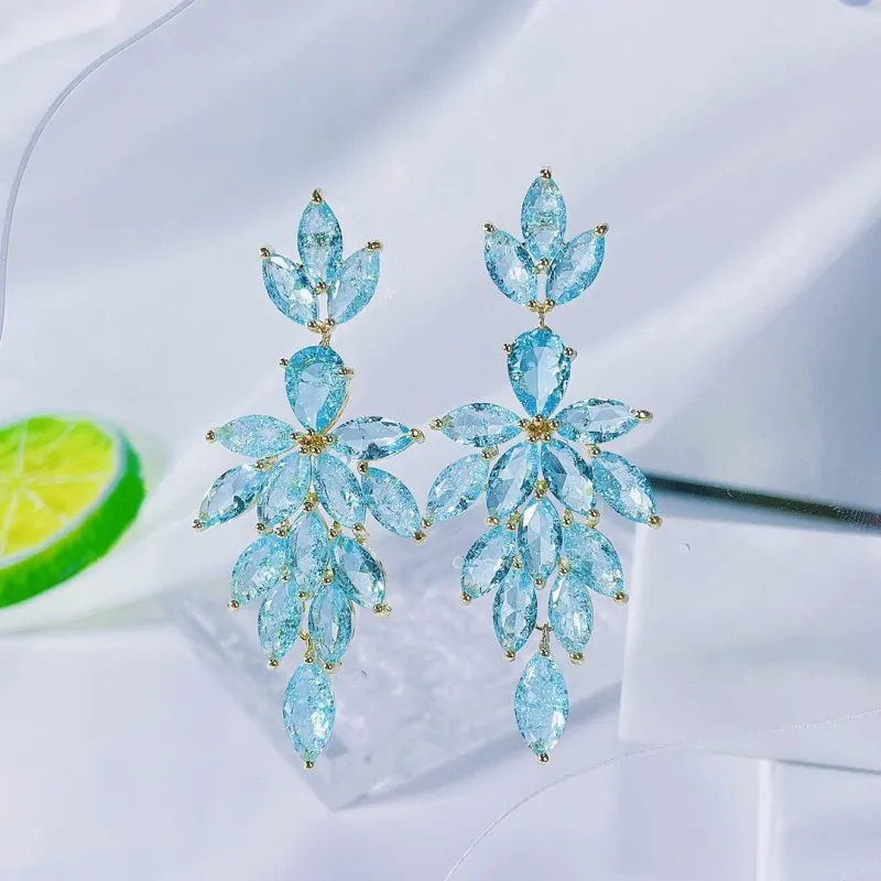 Women Fashion Leaf Shaped Rhinestones Drop Earrings