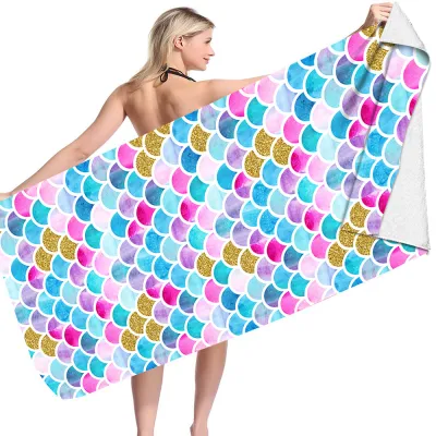 Cartoon Fish Scale Pattern Double-Sided Fleece Microfiber Square Beach Towel