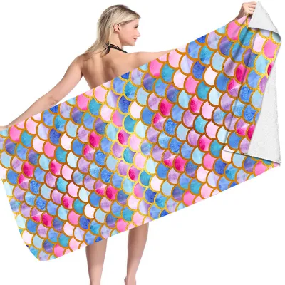 Cartoon Fish Scale Pattern Double-Sided Fleece Microfiber Square Beach Towel