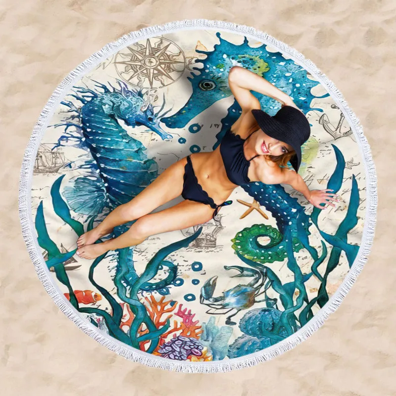 Trendy Microfiber Sea Turtle Print Round Beach Towel for Women