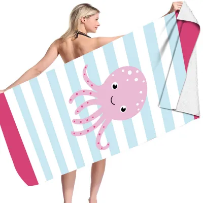 Cartoon Flamingo Dinosaur Pattern Reversible Fleece Microfiber Square Beach Towel for Women