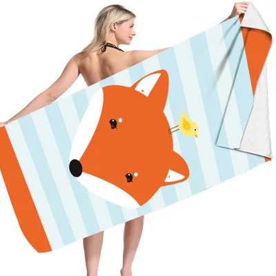 Cartoon Flamingo Dinosaur Pattern Reversible Fleece Microfiber Square Beach Towel for Women