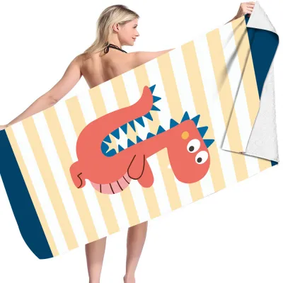 Cartoon Flamingo Dinosaur Pattern Reversible Fleece Microfiber Square Beach Towel for Women