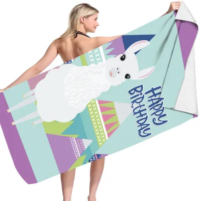 Cartoon Flamingo Dinosaur Pattern Reversible Fleece Microfiber Square Beach Towel for Women