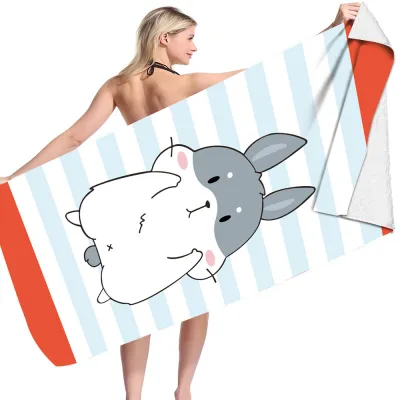 Cartoon Flamingo Dinosaur Pattern Reversible Fleece Microfiber Square Beach Towel for Women