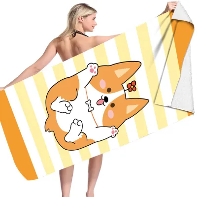 Cartoon Flamingo Dinosaur Pattern Reversible Fleece Microfiber Square Beach Towel for Women
