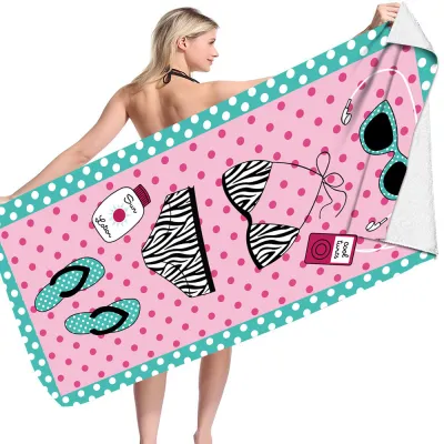 Cartoon Flamingo Dinosaur Pattern Reversible Fleece Microfiber Square Beach Towel for Women